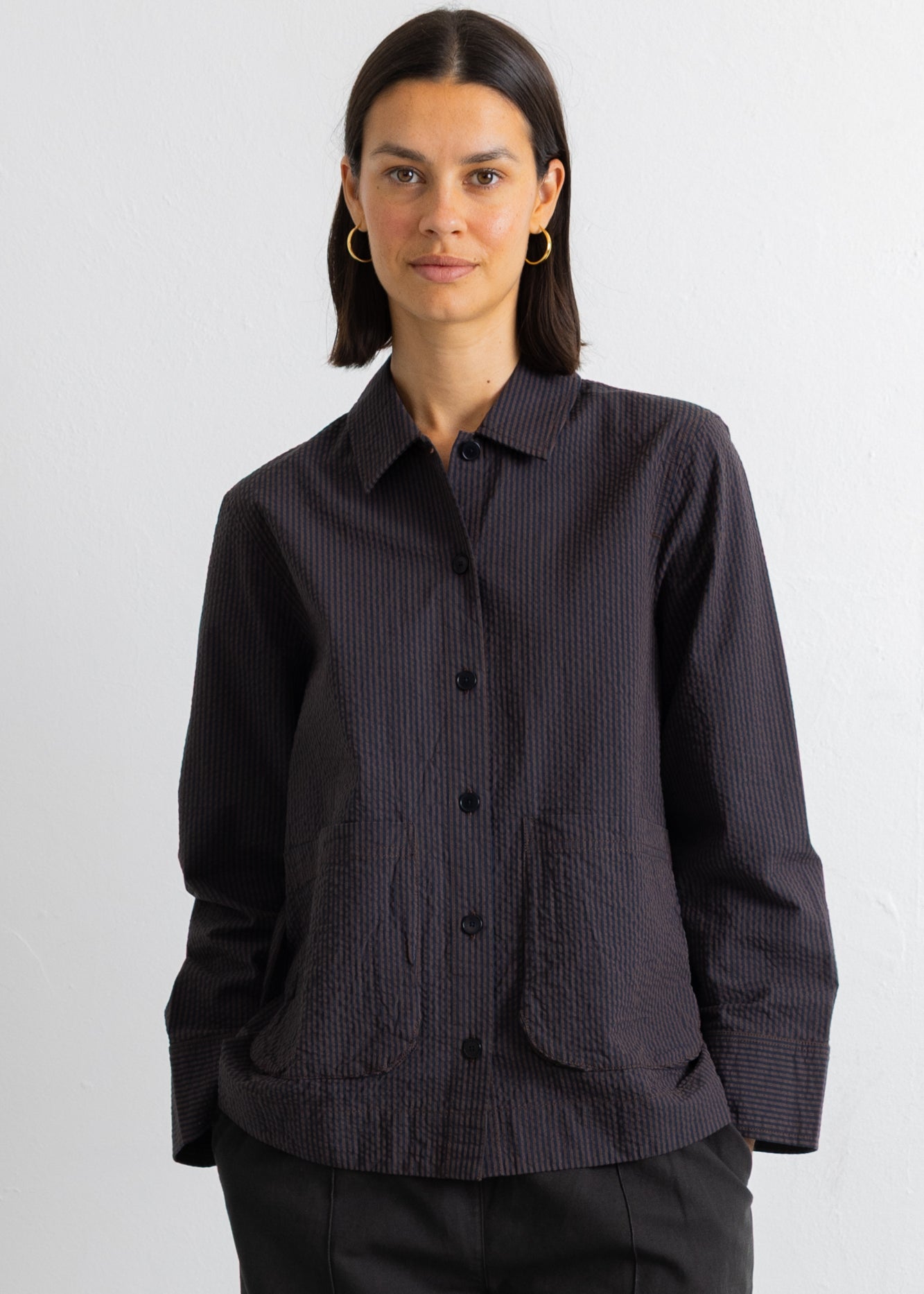 Folk | Folk Pleated Shirt - Deep Navy Chestnut Seersucker