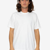 Person wearing a plain white t-shirt on a white background