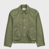 Green jacket with button details on a white background