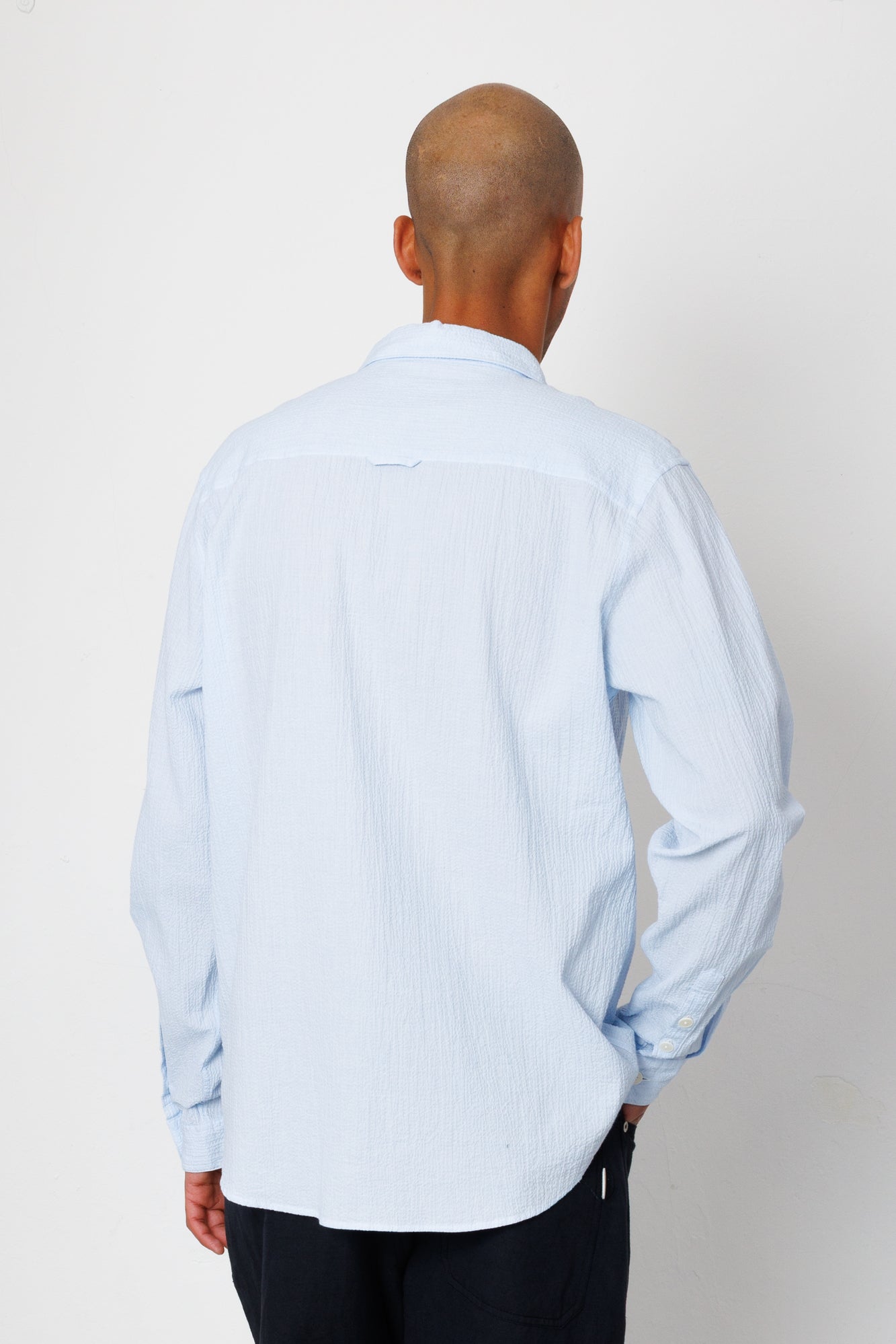 Person wearing a light blue shirt from behind on a plain background