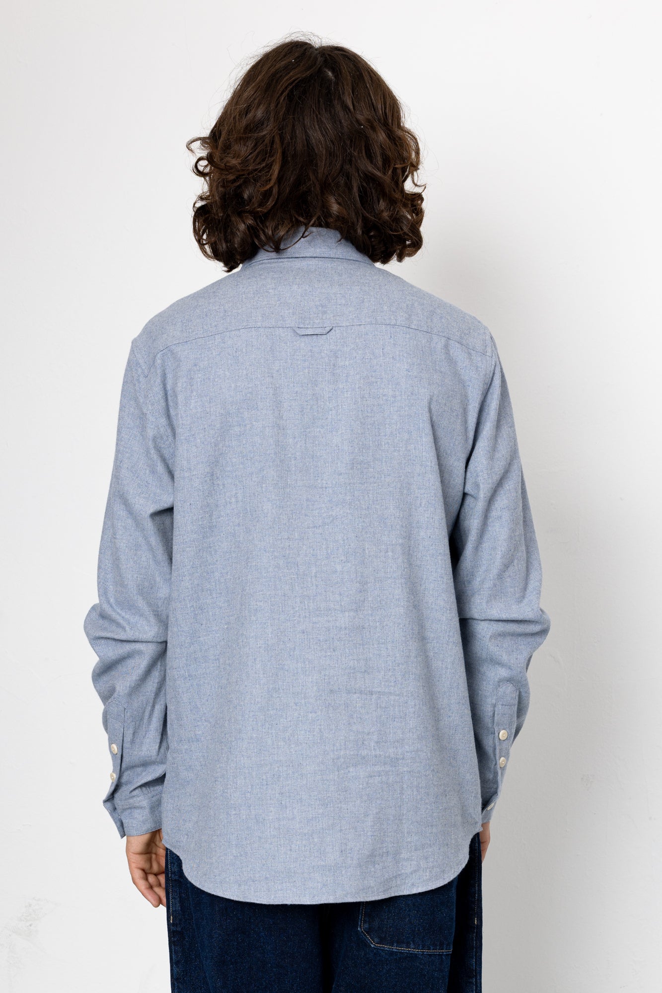 Person wearing a light blue button-up shirt from behind on a white background