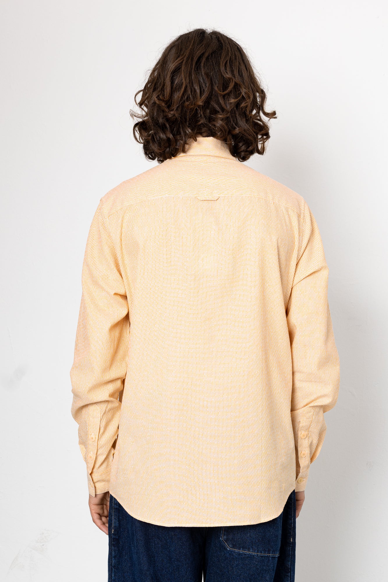 Person wearing a beige shirt from behind on a white background