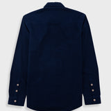 A dark navy blue long-sleeve button-down shirt shown from the back, featuring a pointed collar and three decorative buttons on each cuff, displayed against a light gray background.