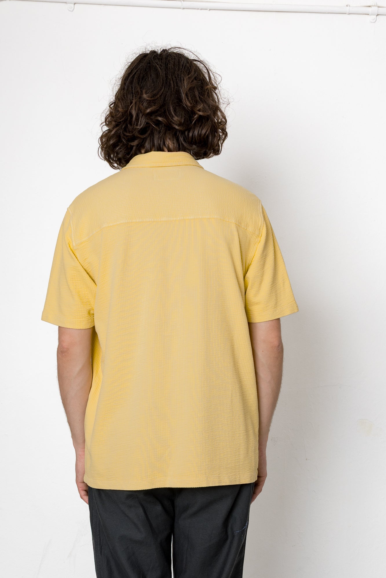 Person wearing a yellow polo shirt against a white background