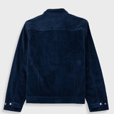 A dark navy blue corduroy jacket shown from the back, featuring a classic collar and buttoned cuffs, displayed against a light gray background.