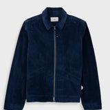 A dark navy blue corduroy jacket with a front zipper, collar, and front pockets, displayed against a light gray background.