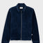A dark navy blue corduroy jacket with a front zipper, collar, and front pockets, displayed against a light gray background.