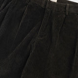 Dark brown corduroy pants on a light gray background