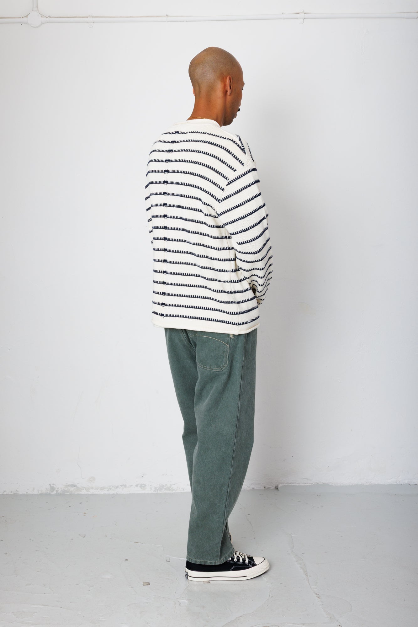 Folk | Folk Slouch Crew - Black White Textured Stripe