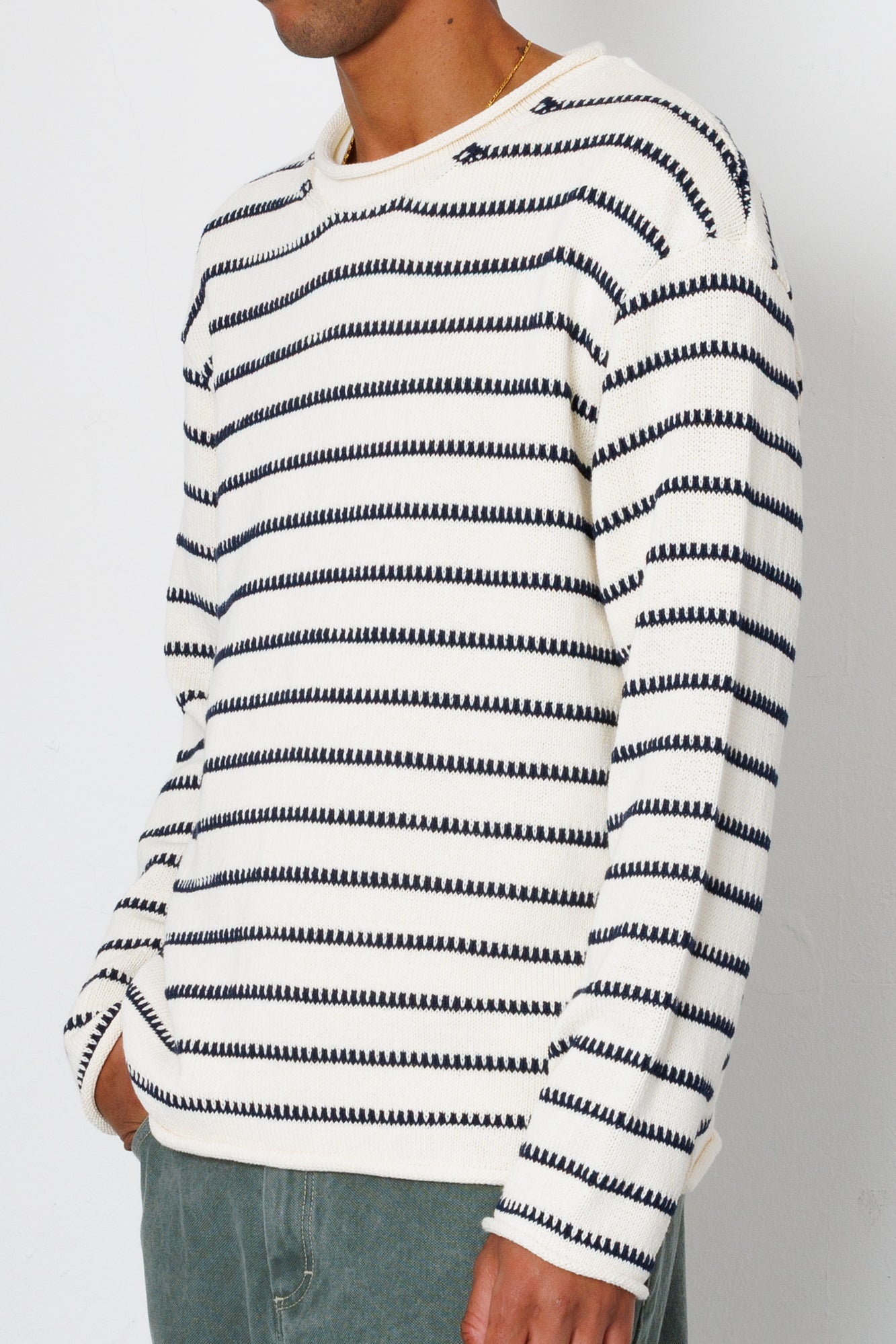 Folk | Folk Slouch Crew - Black White Textured Stripe