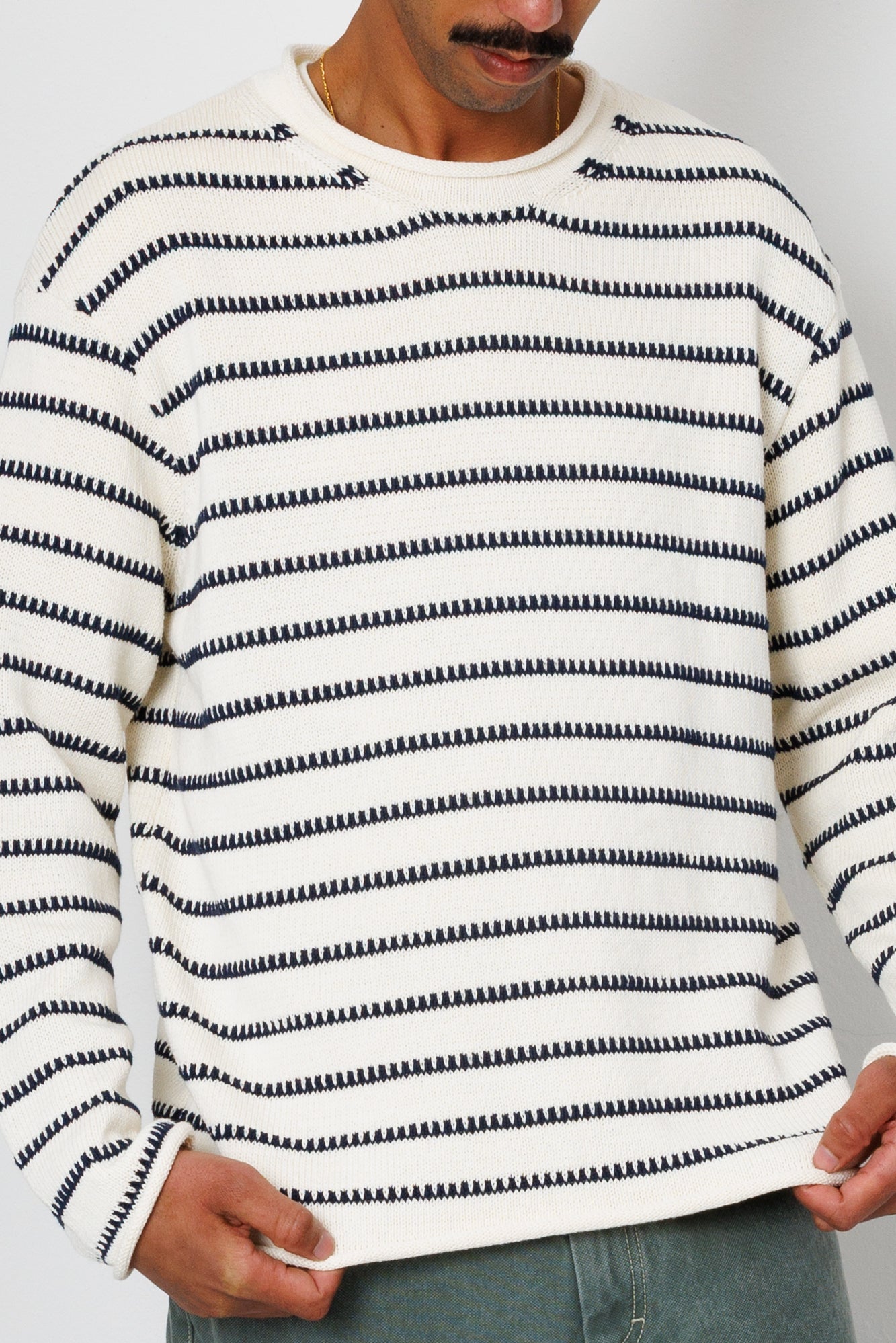Folk | Folk Slouch Crew - Black White Textured Stripe