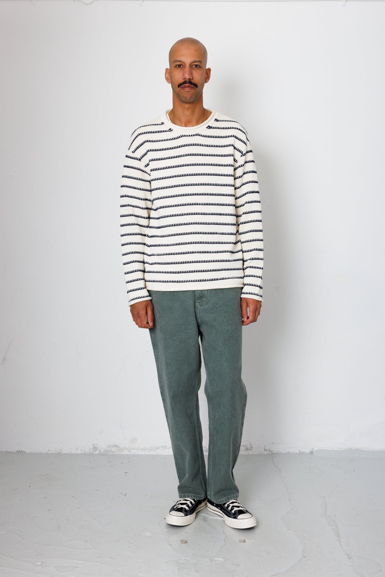 Folk | Folk Slouch Crew - Black White Textured Stripe