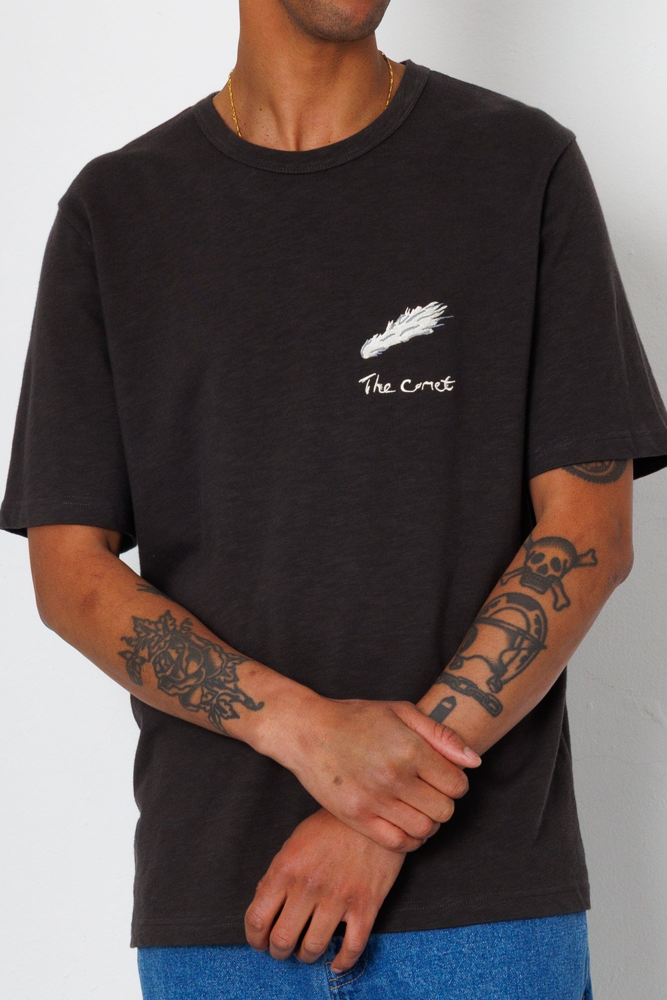 Folk | Folk Slub Embroidery T-Shirt - Black Comet | Folk x Goss Brothers