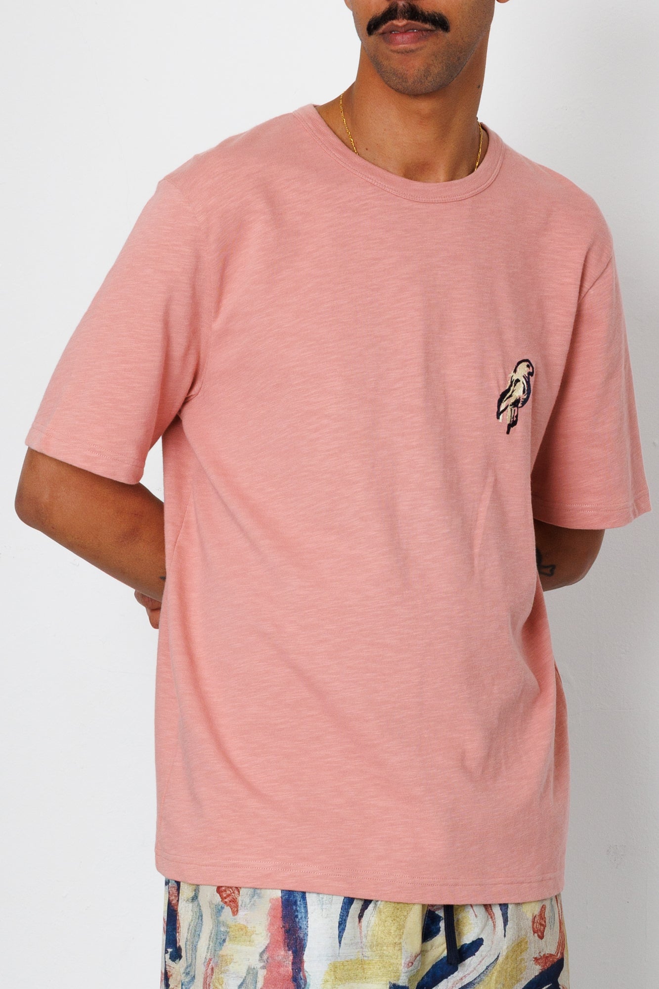 Folk | Folk Slub Embroidery T-Shirt - Dusty Pink Parrot | Folk x Goss Brothers