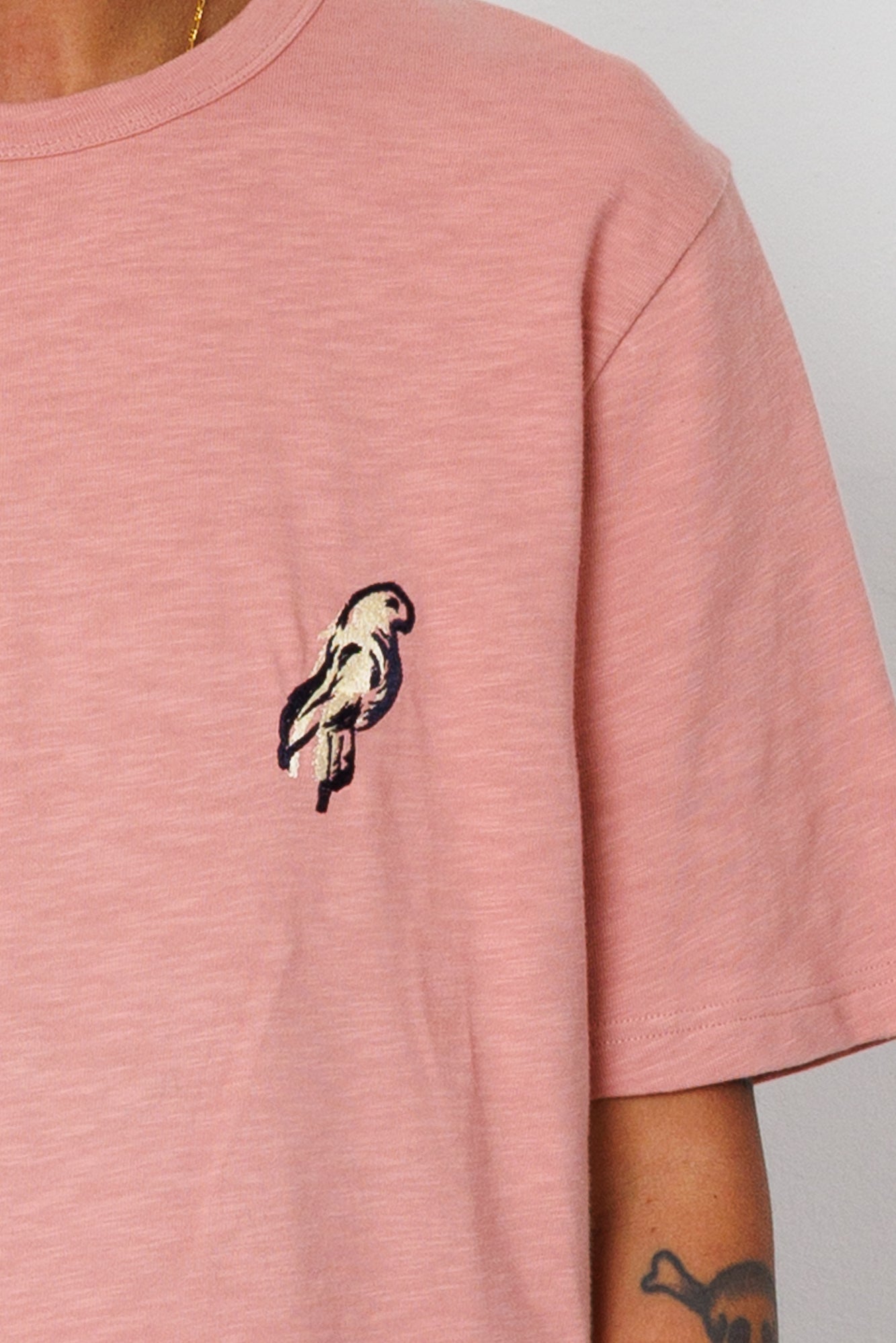 Folk | Folk Slub Embroidery T-Shirt - Dusty Pink Parrot | Folk x Goss Brothers
