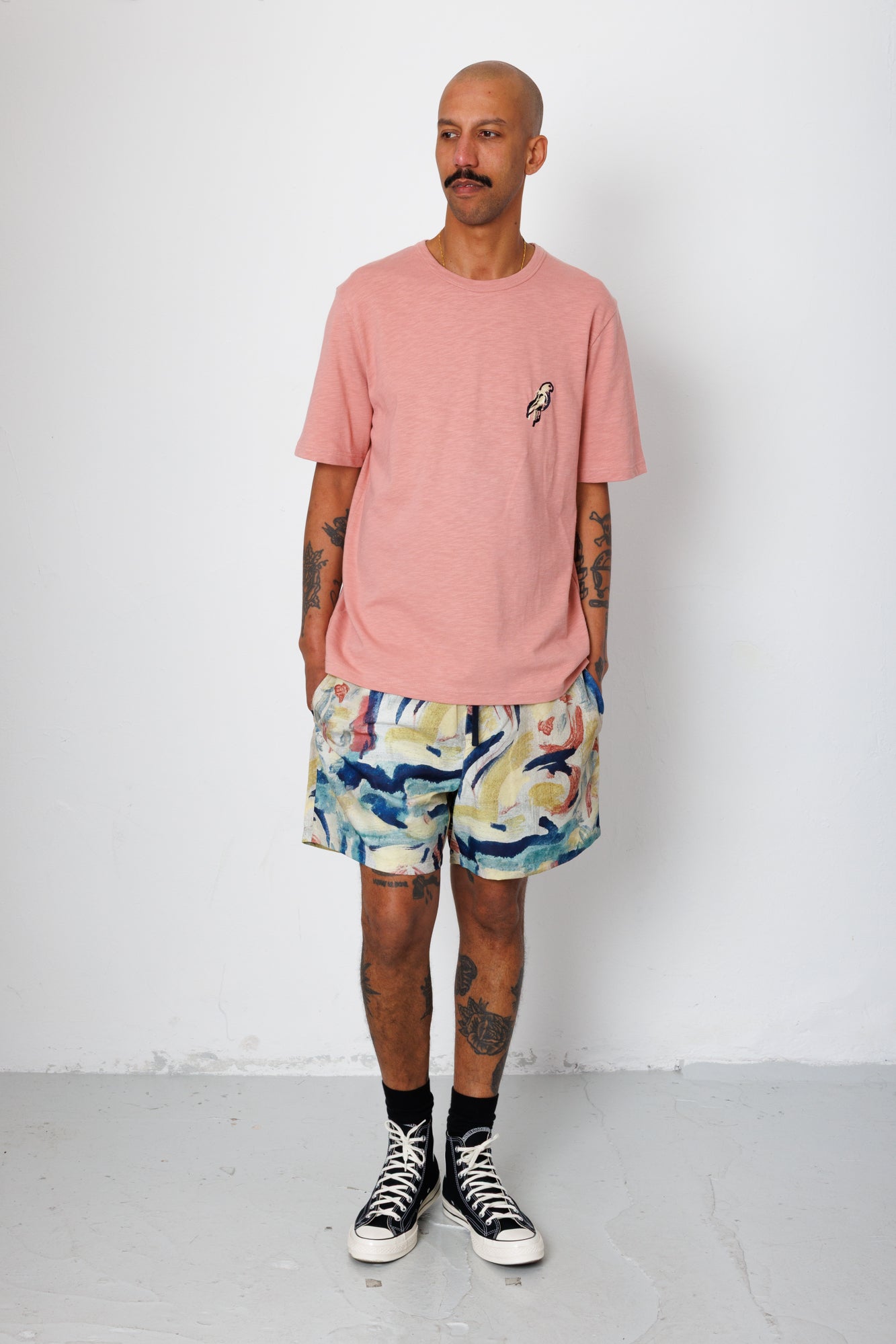 Folk | Folk Slub Embroidery T-Shirt - Dusty Pink Parrot | Folk x Goss Brothers