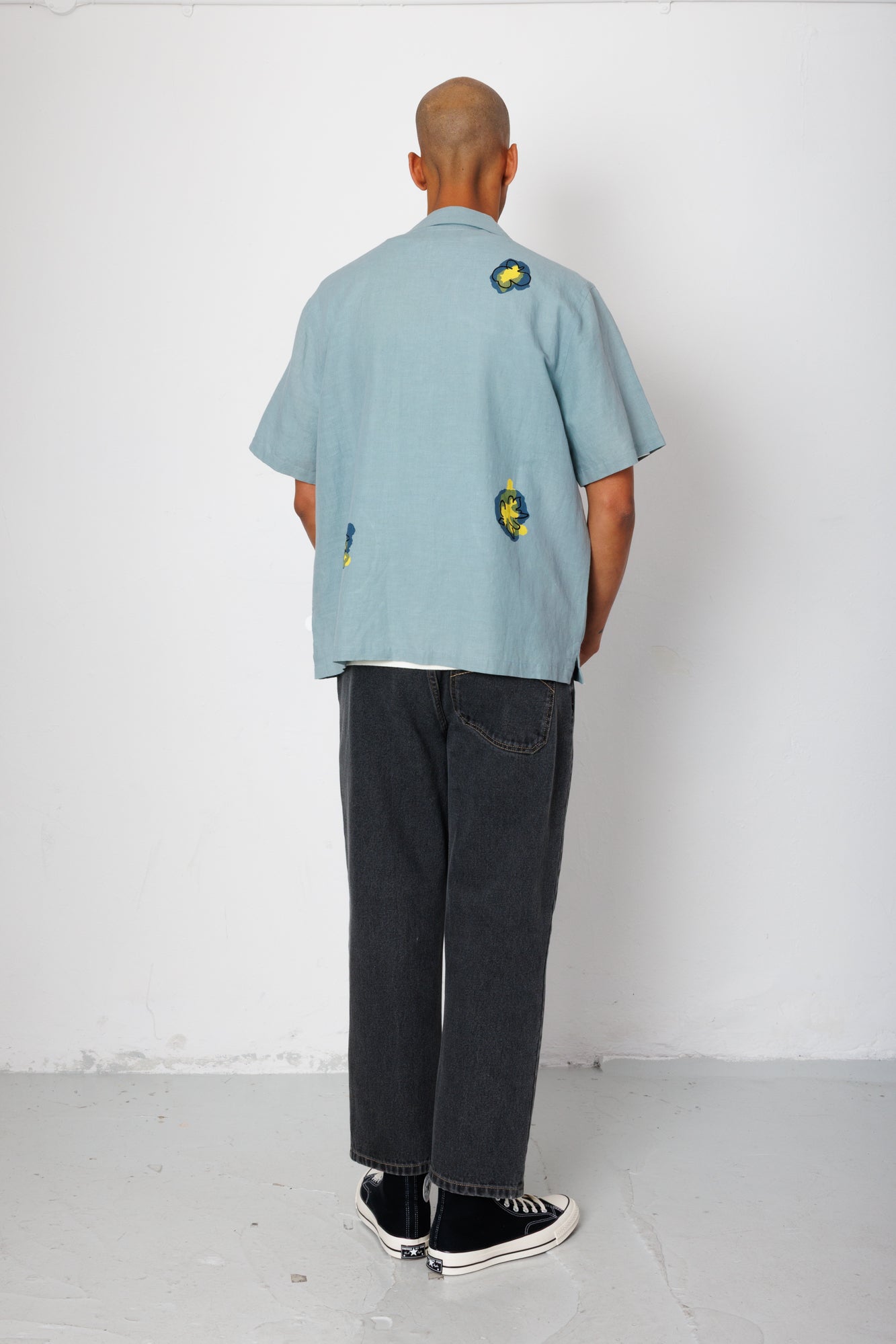 Folk | Folk Relaxed Soft Collar Shirt - Blue Embroidered Flower | Folk x Goss Brothers 