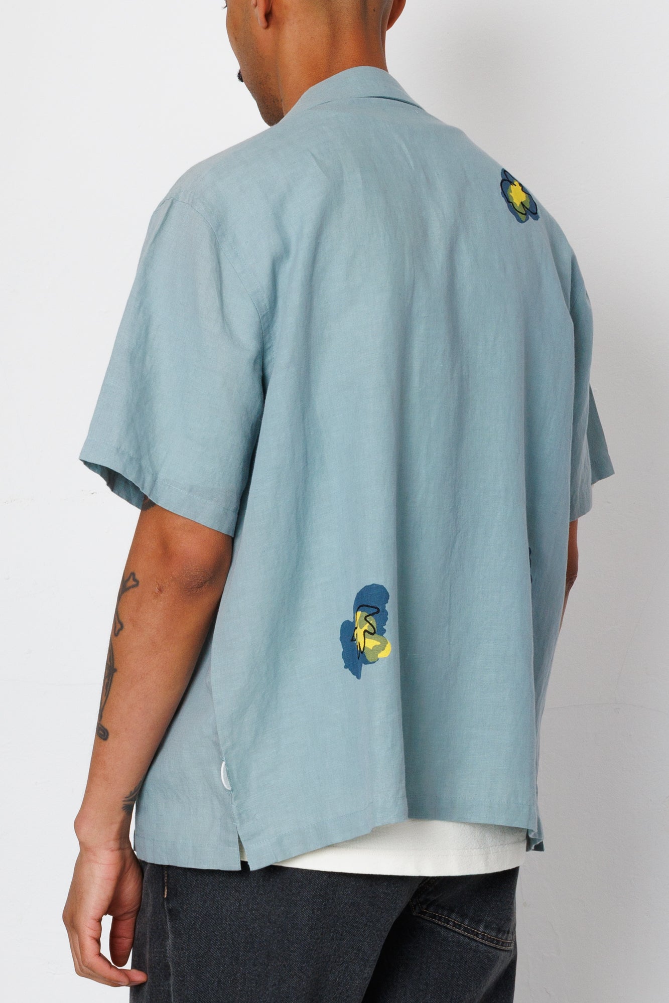 Folk | Folk Relaxed Soft Collar Shirt - Blue Embroidered Flower | Folk x Goss Brothers 