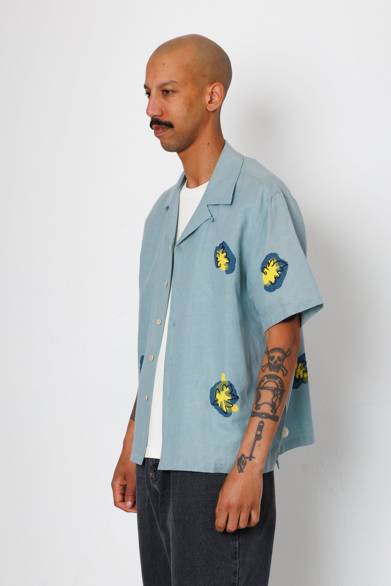 Folk | Folk Relaxed Soft Collar Shirt - Blue Embroidered Flower | Folk x Goss Brothers 