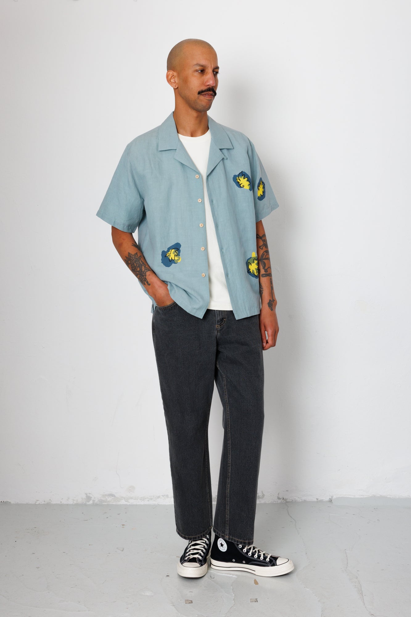 Folk | Folk Relaxed Soft Collar Shirt - Blue Embroidered Flower | Folk x Goss Brothers 