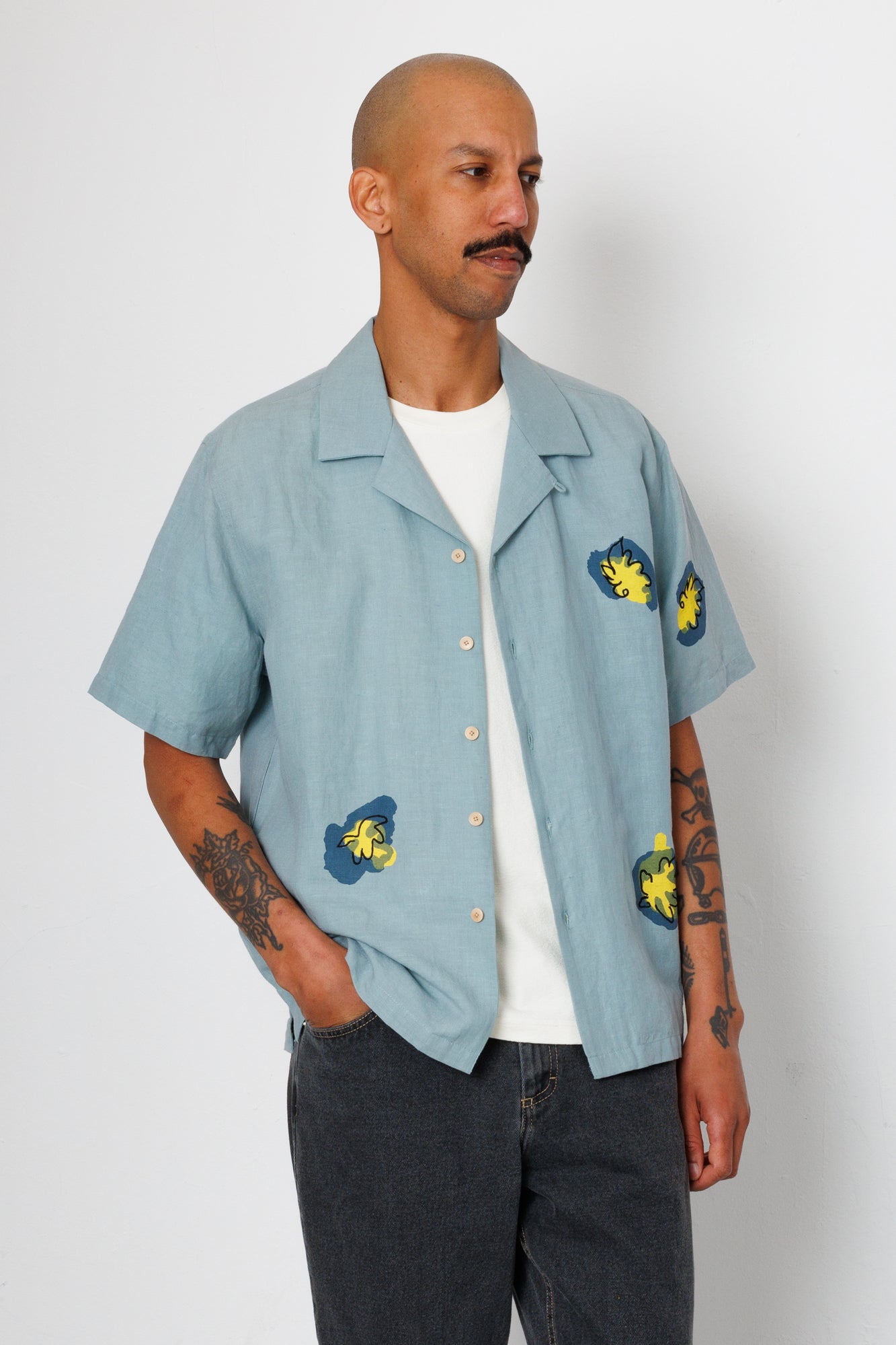 Folk | Folk Relaxed Soft Collar Shirt - Blue Embroidered Flower | Folk x Goss Brothers 