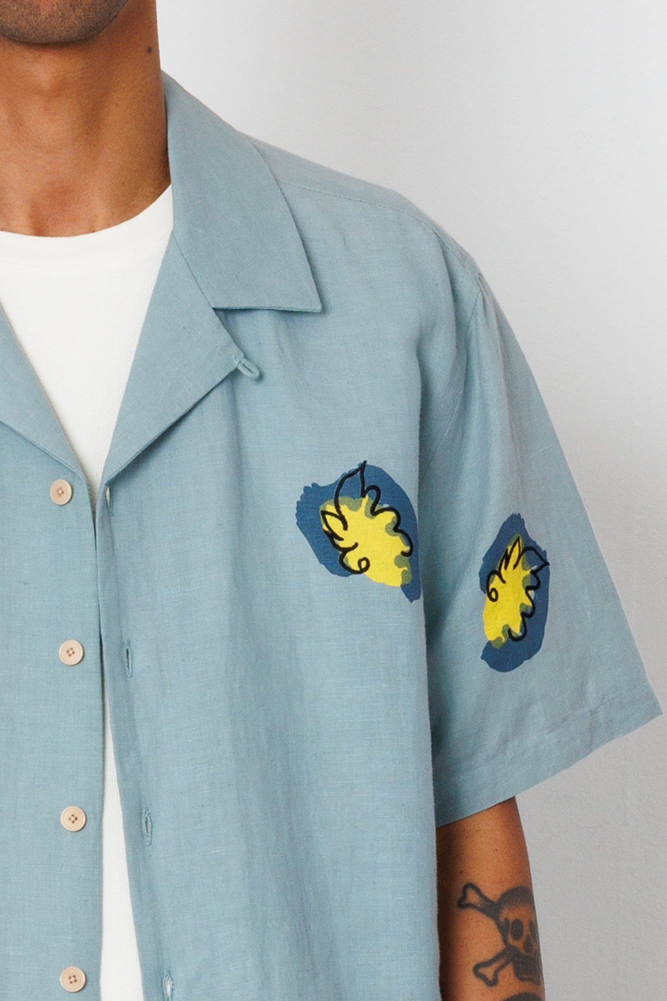 Folk | Folk Relaxed Soft Collar Shirt - Blue Embroidered Flower | Folk x Goss Brothers 