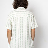 Person wearing a white and green striped shirt against a white background