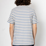Person wearing a striped t-shirt and jeans on a plain background