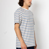 Man wearing a striped t-shirt against a white background