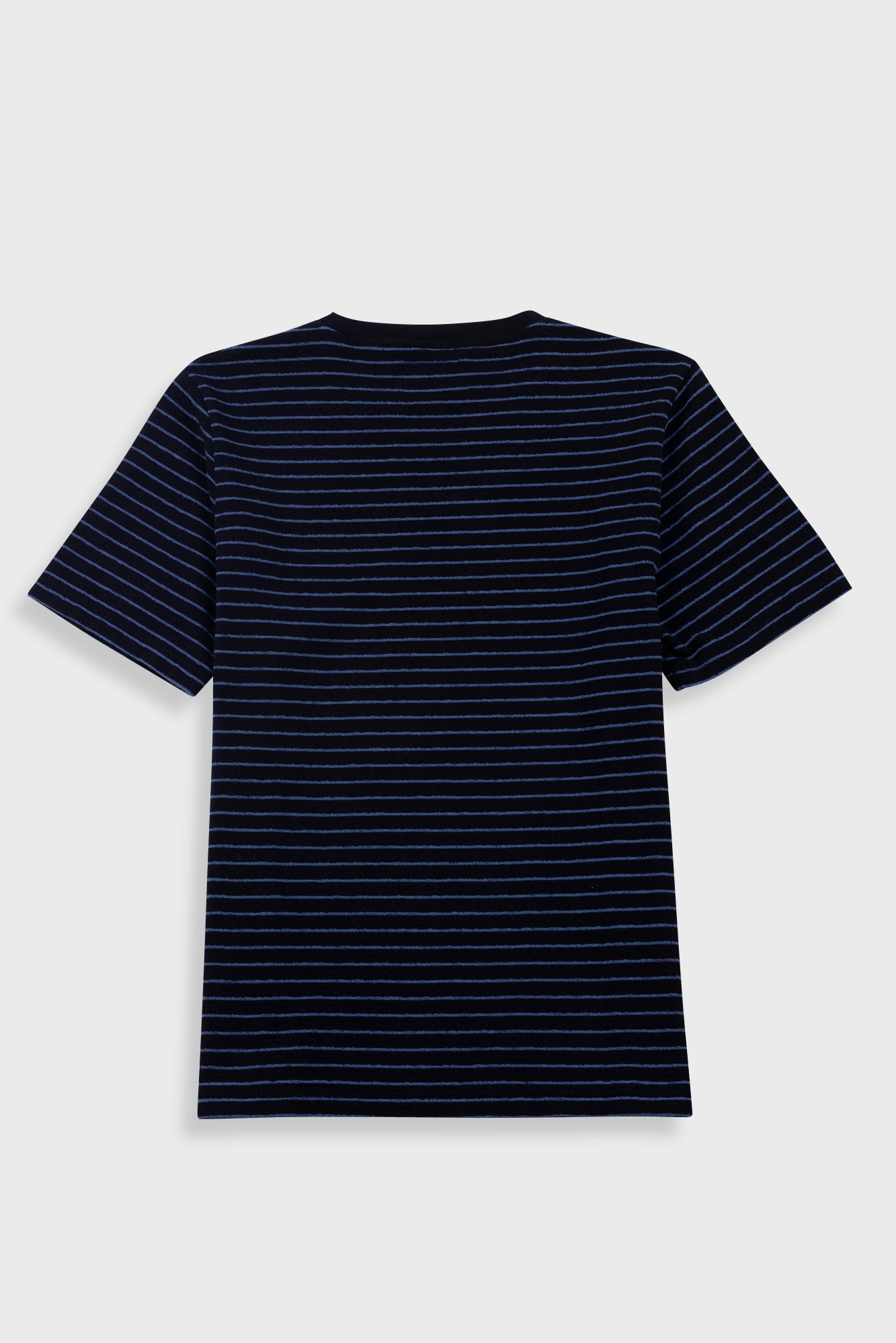 Black and white striped t-shirt on a light gray background