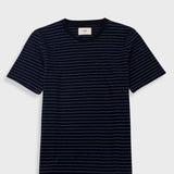 Black and white striped t-shirt on a light gray background