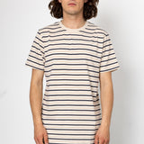 Man wearing a striped t-shirt against a white background