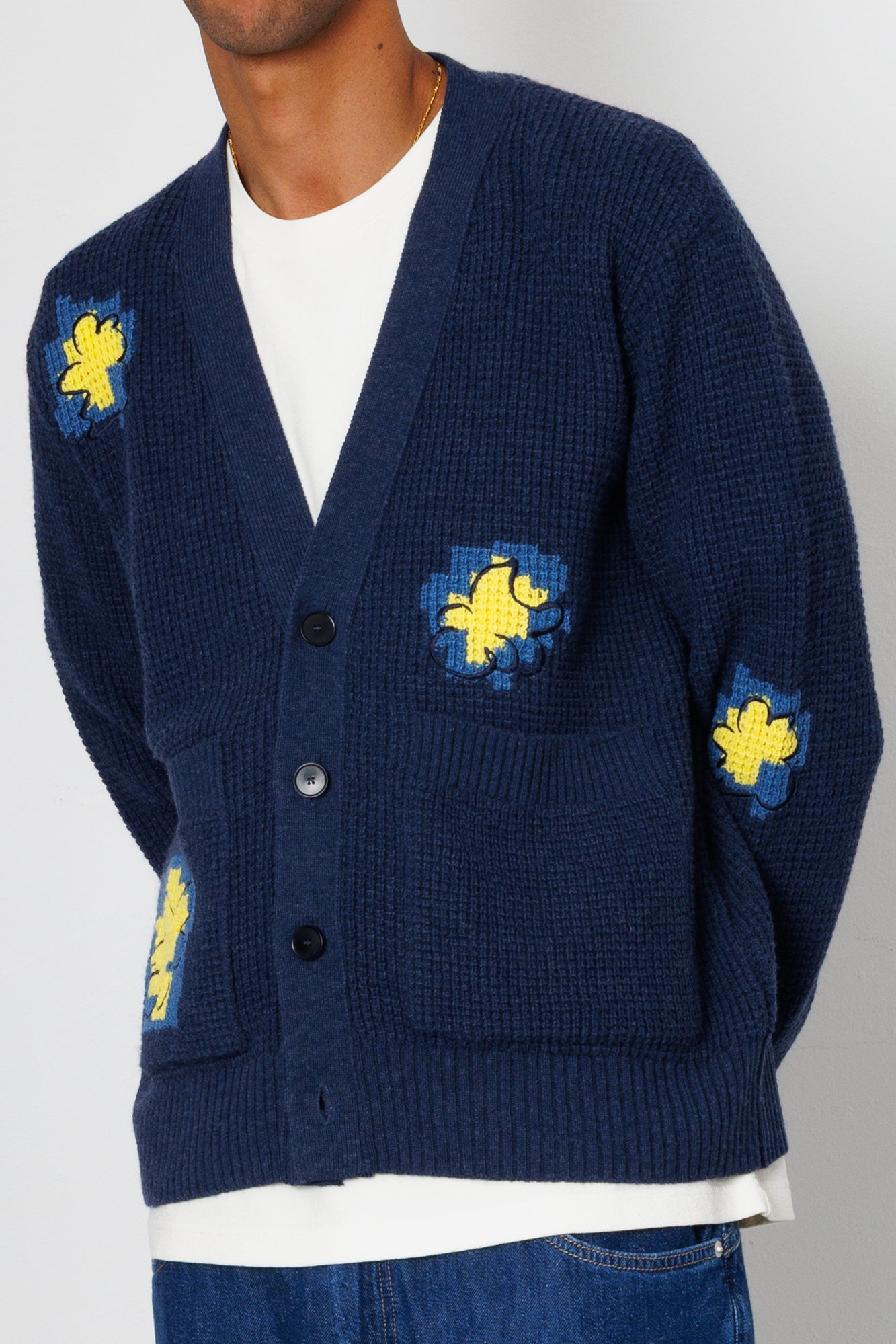 Folk | Folk Waffle Cardigan - Embroidered Yellow Flower | Folk x Goss Brothers 