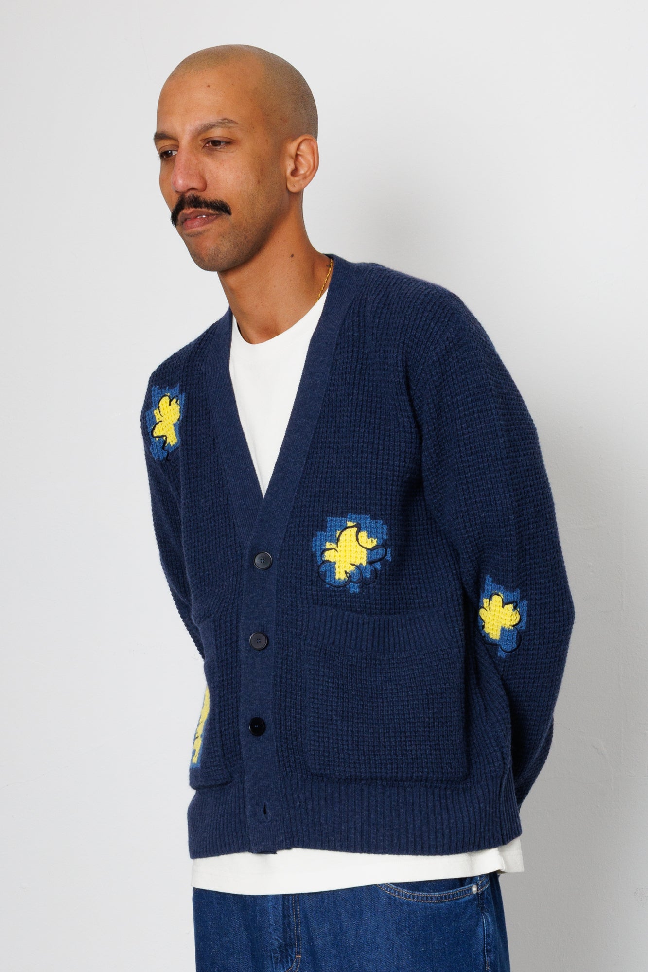 Folk | Folk Waffle Cardigan - Embroidered Yellow Flower | Folk x Goss Brothers 