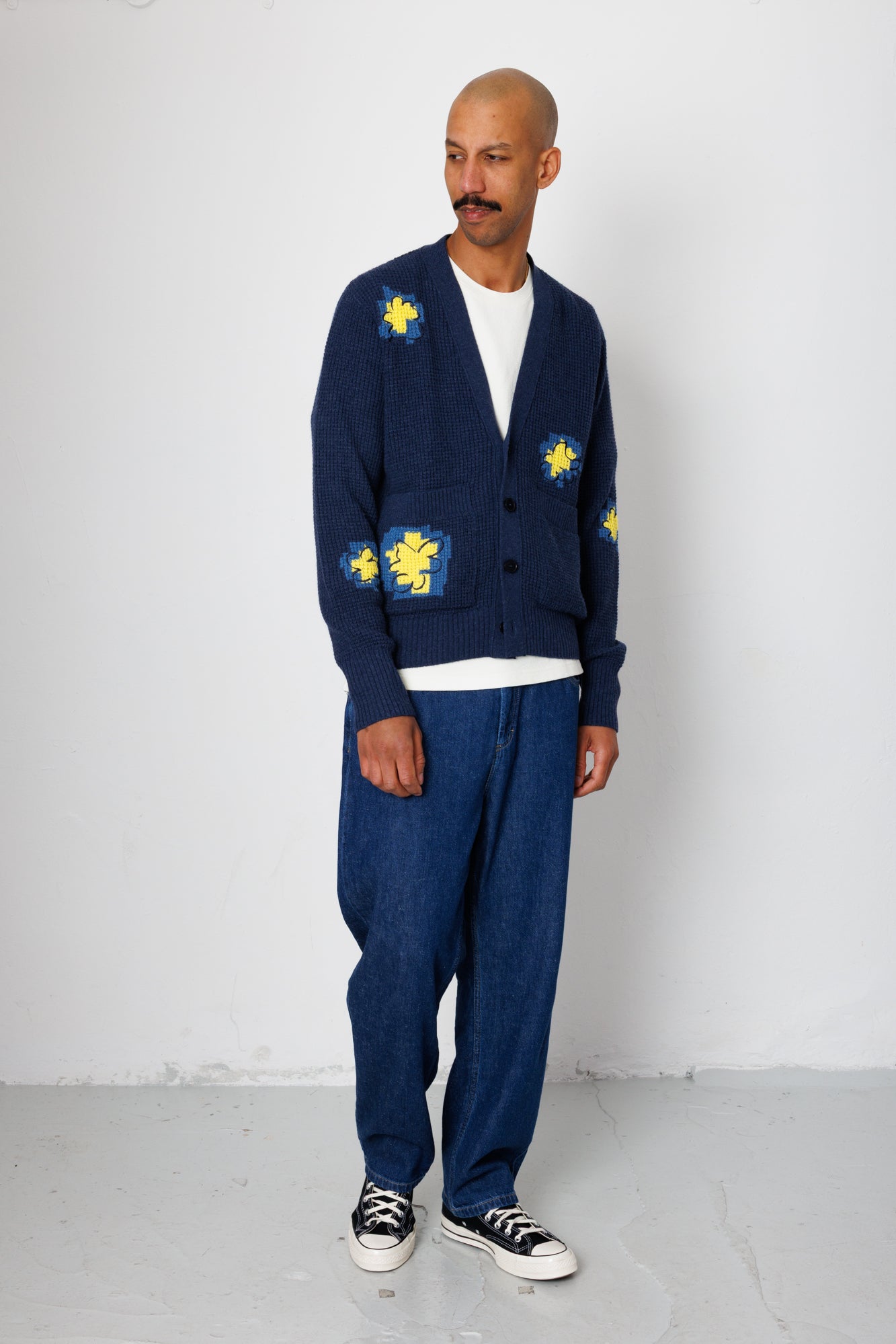 Folk | Folk Waffle Cardigan - Embroidered Yellow Flower | Folk x Goss Brothers 