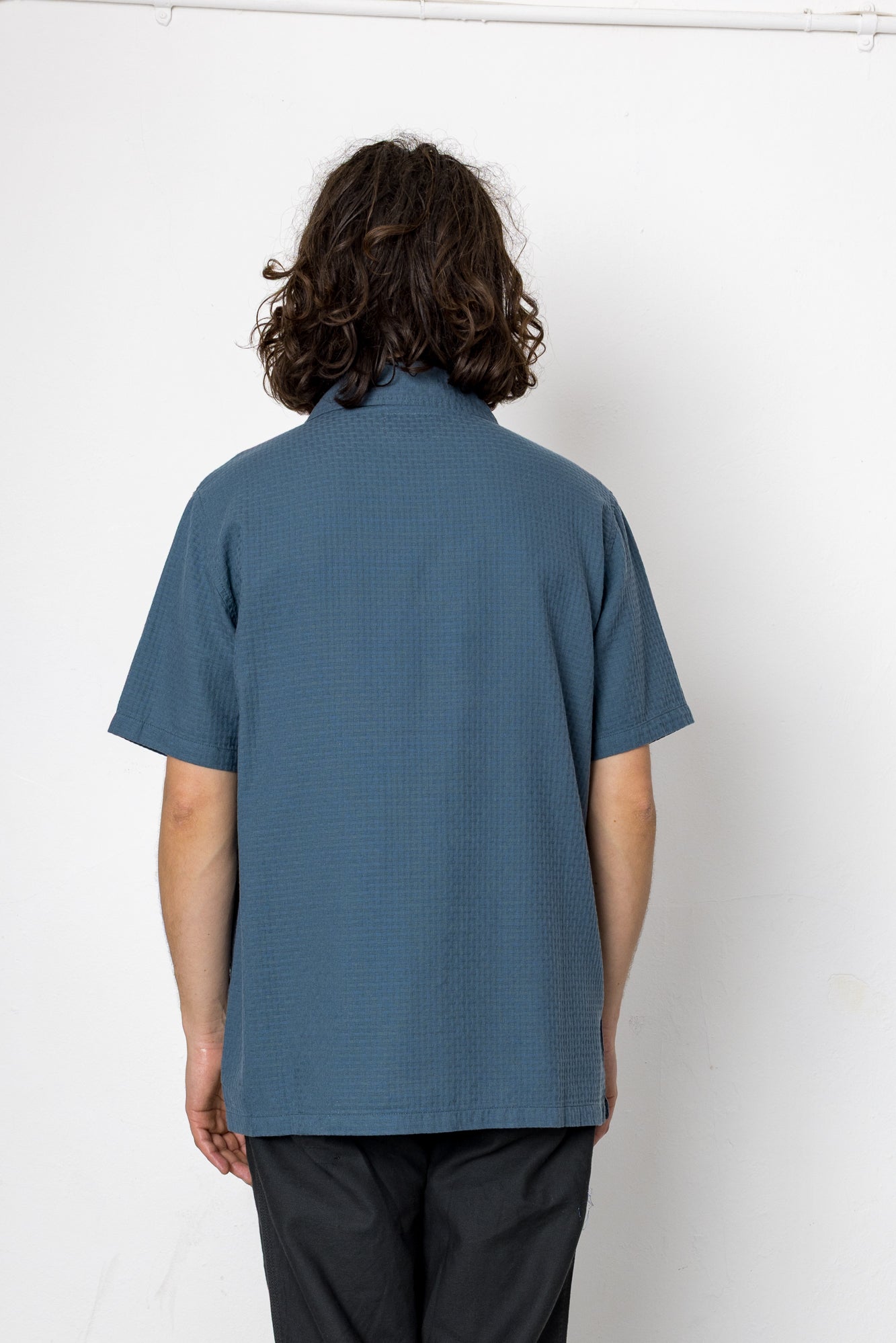 Person wearing a blue polo shirt from behind on a white background