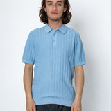 Person wearing a light blue knitted polo shirt against a white background