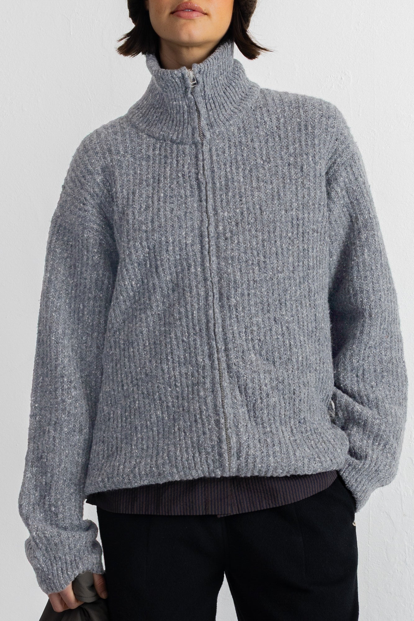 Zip Through Jumper - Mid Grey Melange