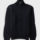 A dark navy ribbed knit quarter-zip sweater with a mock neck collar, displayed on a light gray background.