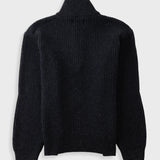 A black ribbed knit turtleneck sweater shown from the back, displayed on a light gray background.