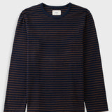 A long-sleeve crewneck knit top with thin horizontal orange stripes on a dark navy blue base, shown flat against a light gray background.