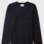 A long-sleeve crewneck knit top with thin horizontal orange stripes on a dark navy blue base, shown flat against a light gray background.