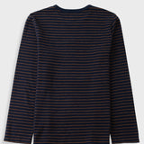 A long-sleeve crewneck shirt with horizontal navy blue and orange stripes, shown from the back on a light gray background.