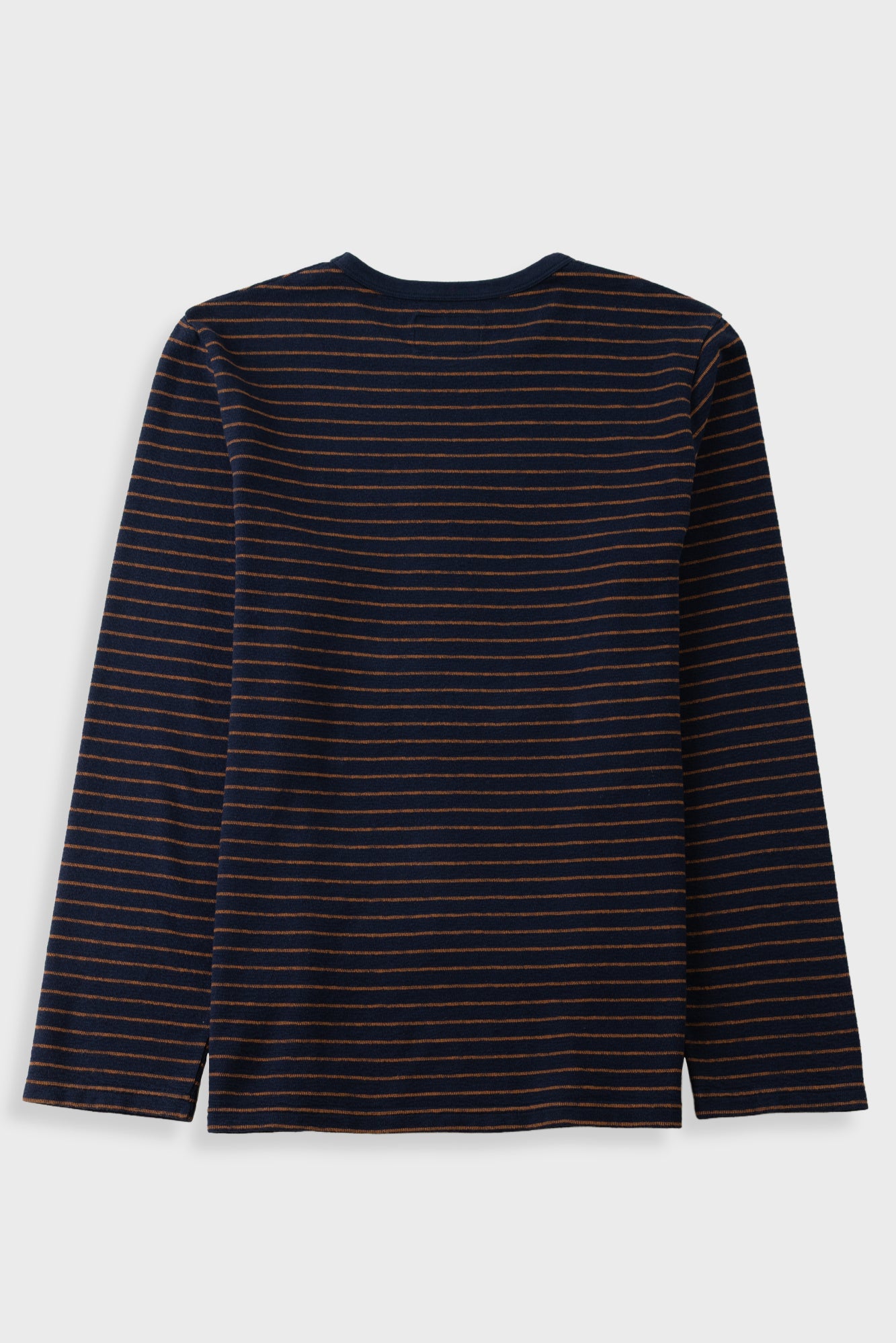 A long-sleeve crewneck shirt with horizontal navy blue and orange stripes, shown from the back on a light gray background.