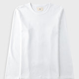 A plain white long-sleeve crewneck t-shirt laid flat against a light gray background.