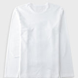 A plain white long-sleeve crewneck t-shirt laid flat against a light gray background.