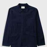 A dark navy blue corduroy utility jacket with a button-up front, collar, and front pockets, displayed flat against a light gray background.