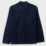 A dark navy blue denim shirt jacket shown from the back, featuring a classic collar and long sleeves, laid flat against a light gray background.