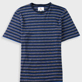 A short-sleeve crewneck t-shirt with horizontal stripes in navy blue, black, and thin gold lines, displayed flat against a light gray background.