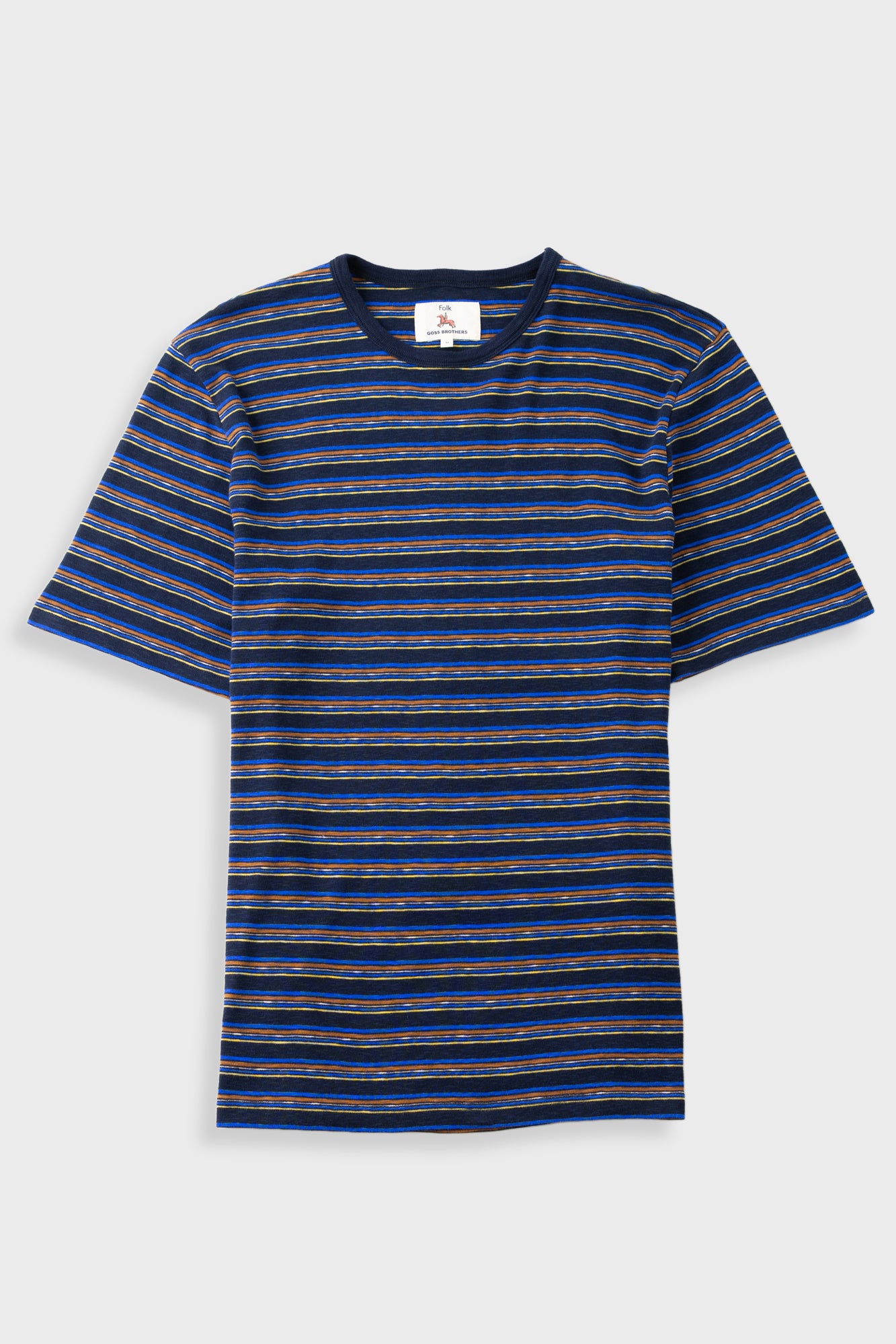 A short-sleeve crewneck t-shirt with horizontal stripes in navy blue, black, and thin gold lines, displayed flat against a light gray background.